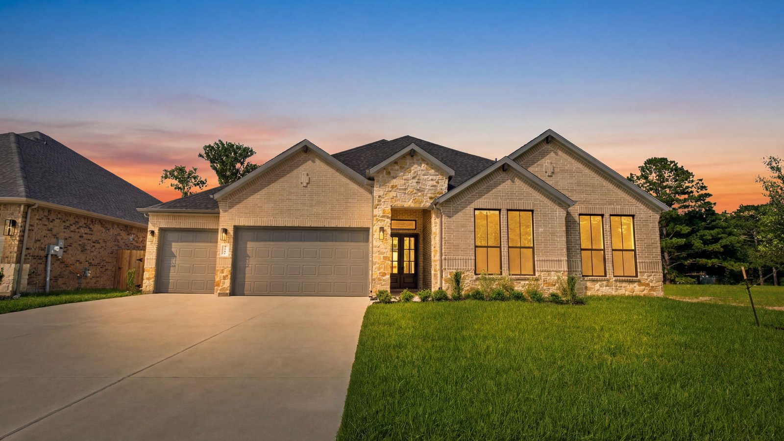 single story home with a three car garage
