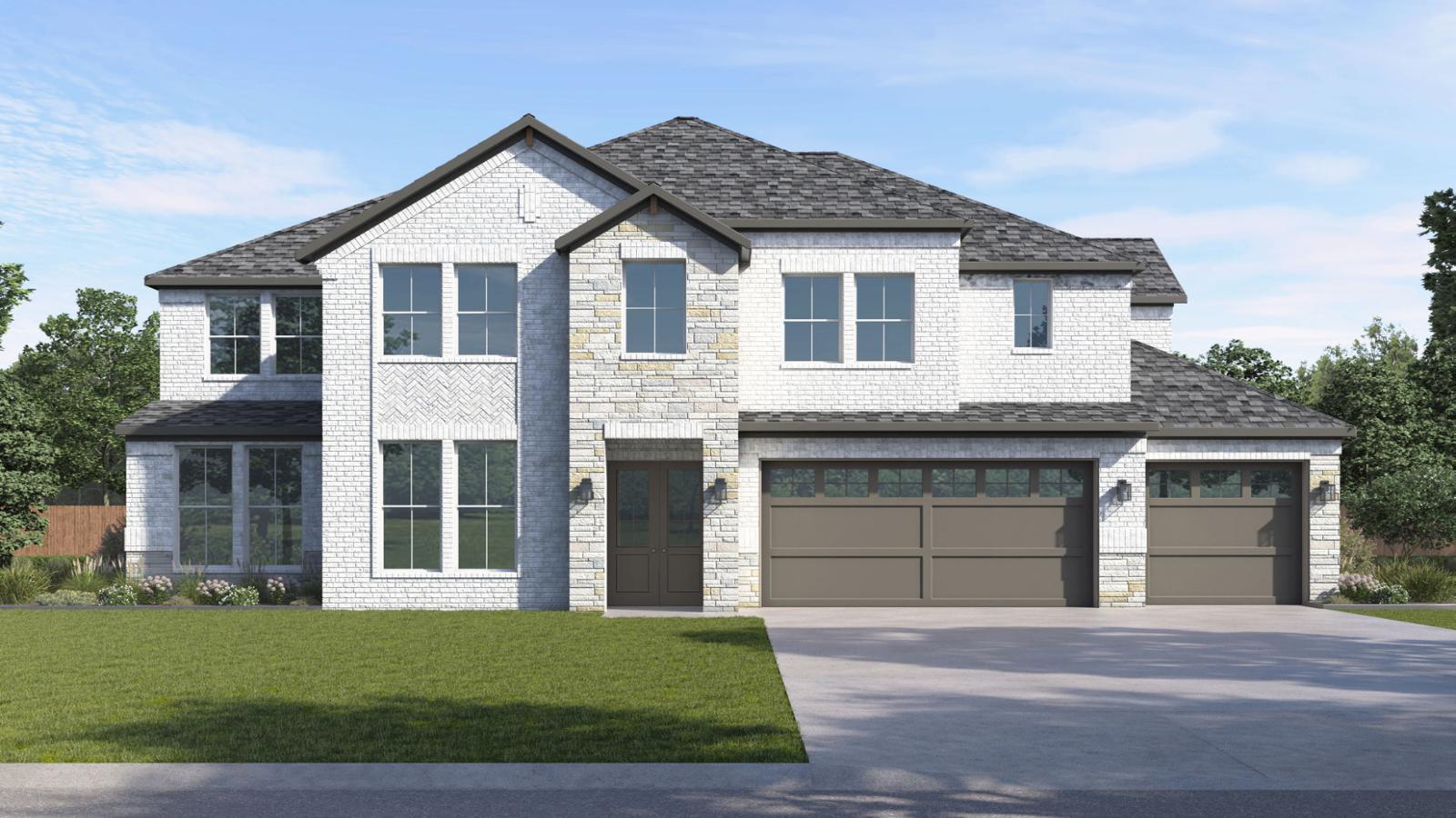 two story floor plan with light brick and stone exterior and a three car garage