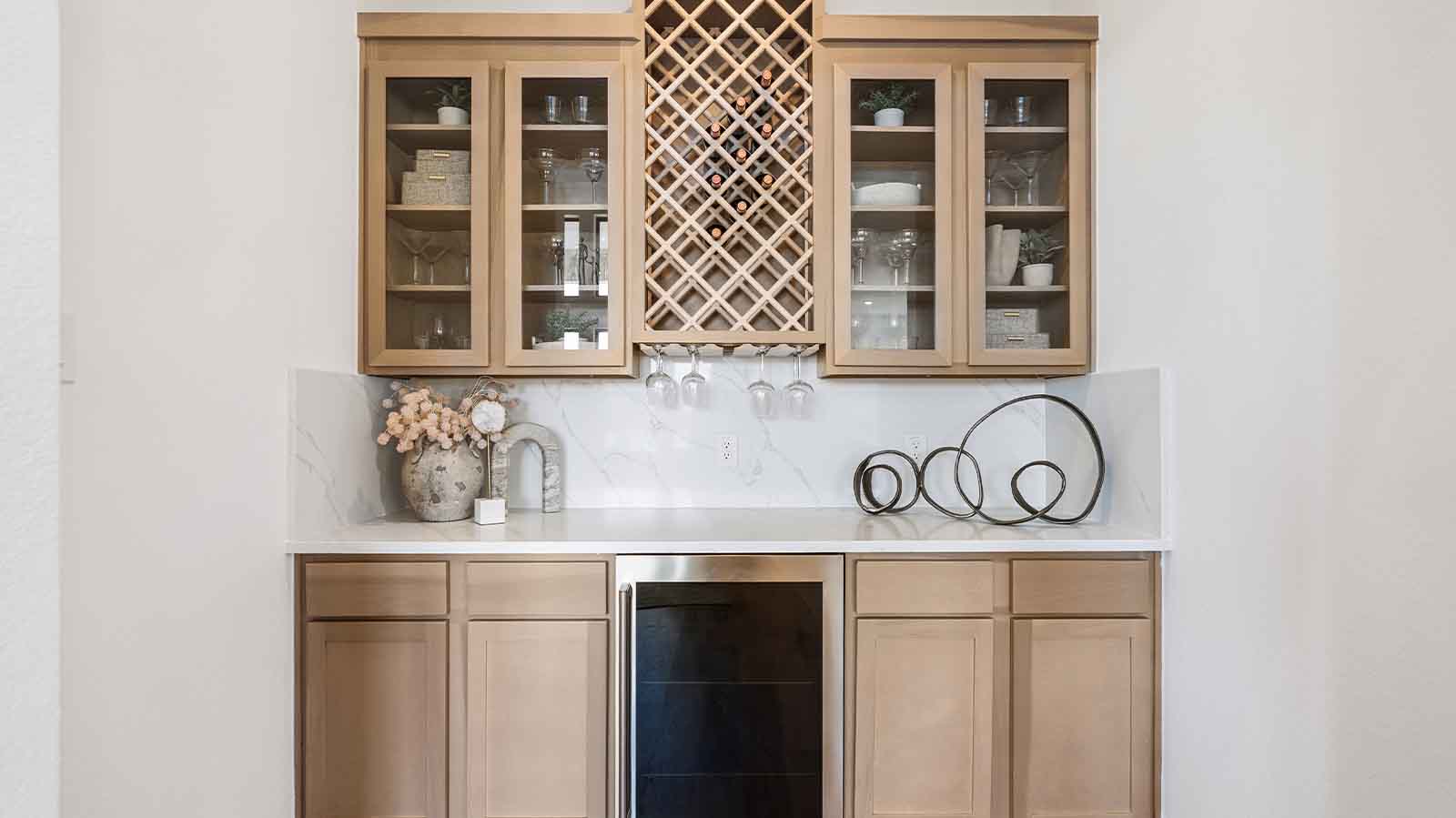 A beverage bar off the living room for social gatherings