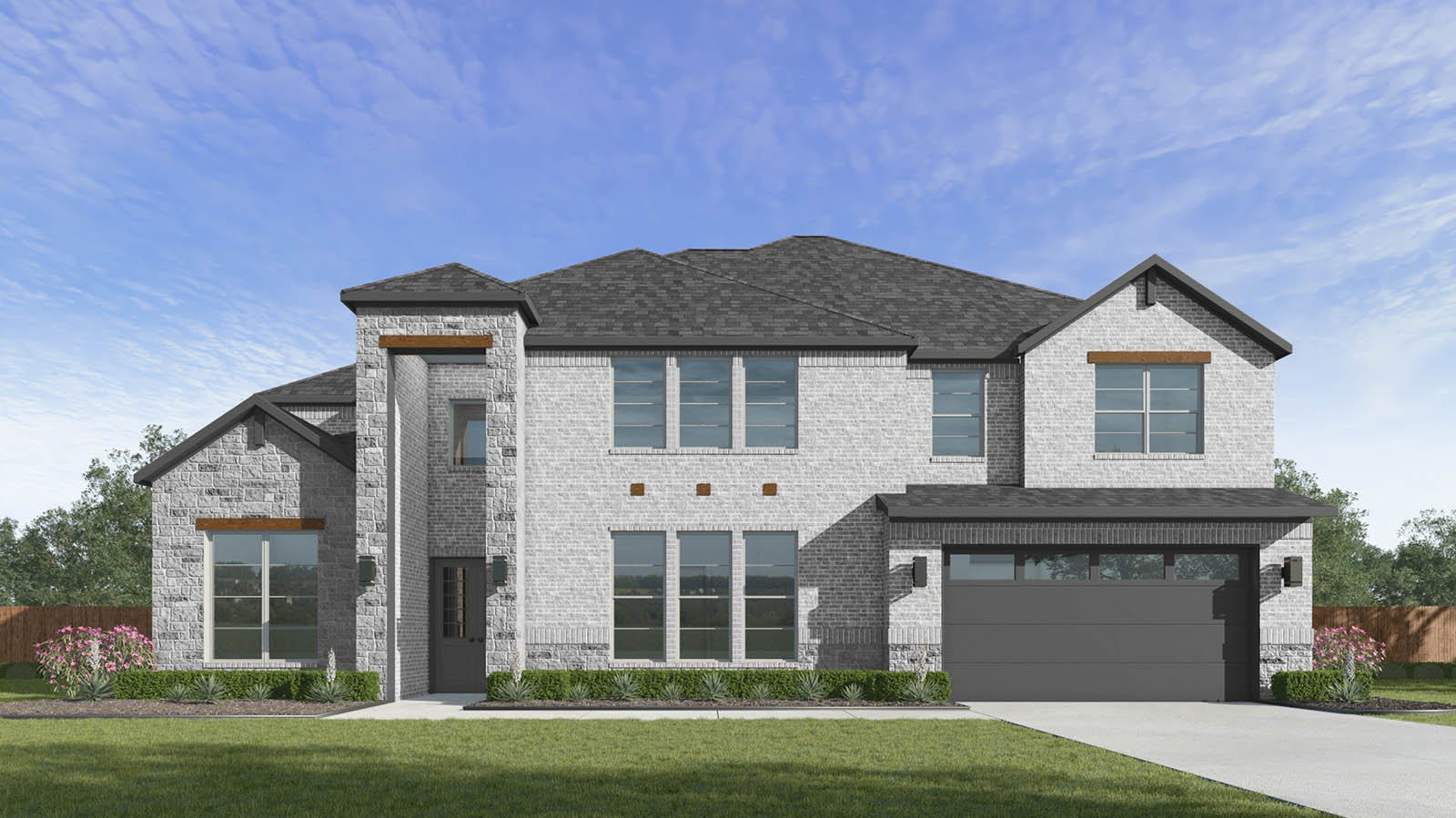 A beautiful spacious two story home with a modern interior, a covered back patio, five bedrooms, four and a half bathrooms and a three car-garage.