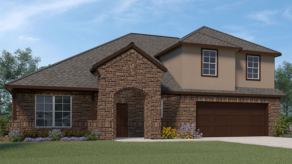 Two-story house rendering of Denison/2455 V elevation with two-car garage.