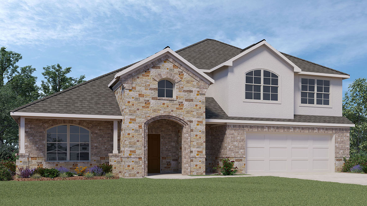 Two-story house rendering of Denison/2455 W elevation with two-car garage.