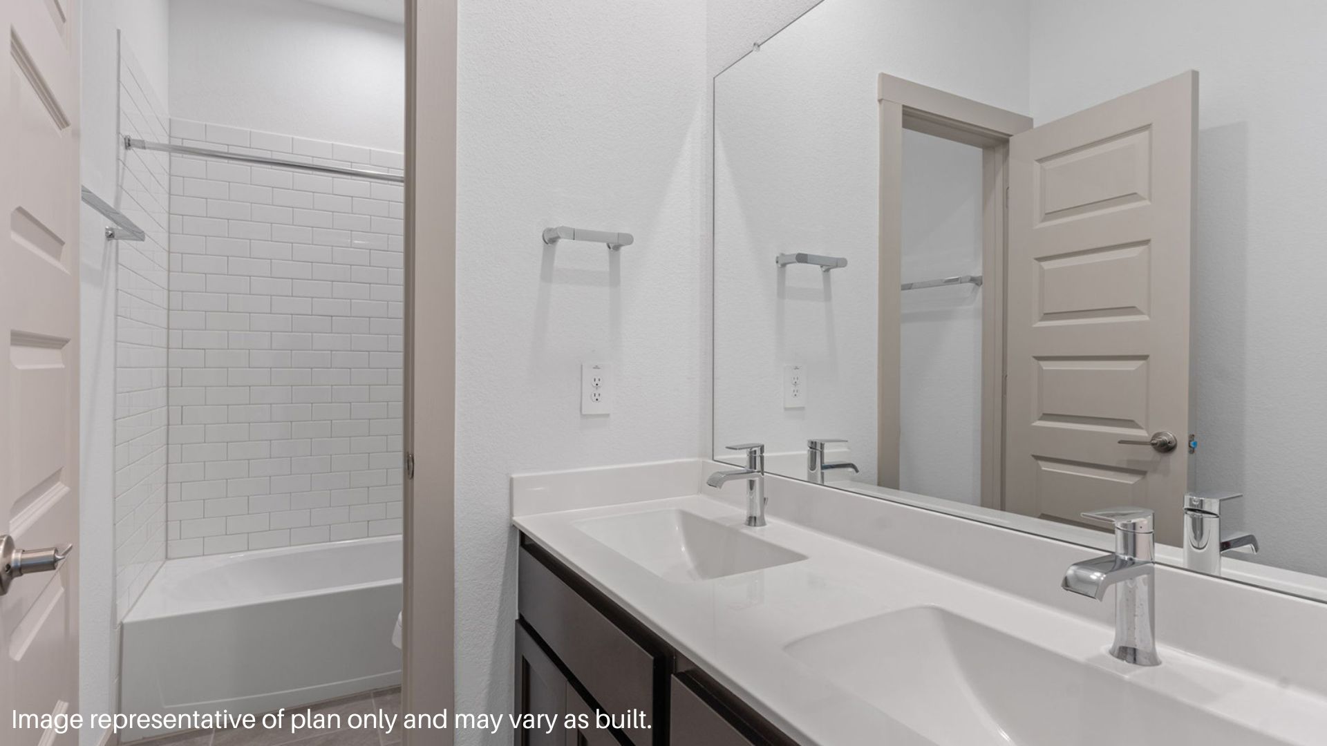 Double Vanity in the Secondary Bathroom with Separate door for Commode and Tub/Shower combo