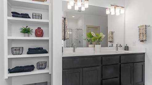 Primary bathroom vanity with two sinks