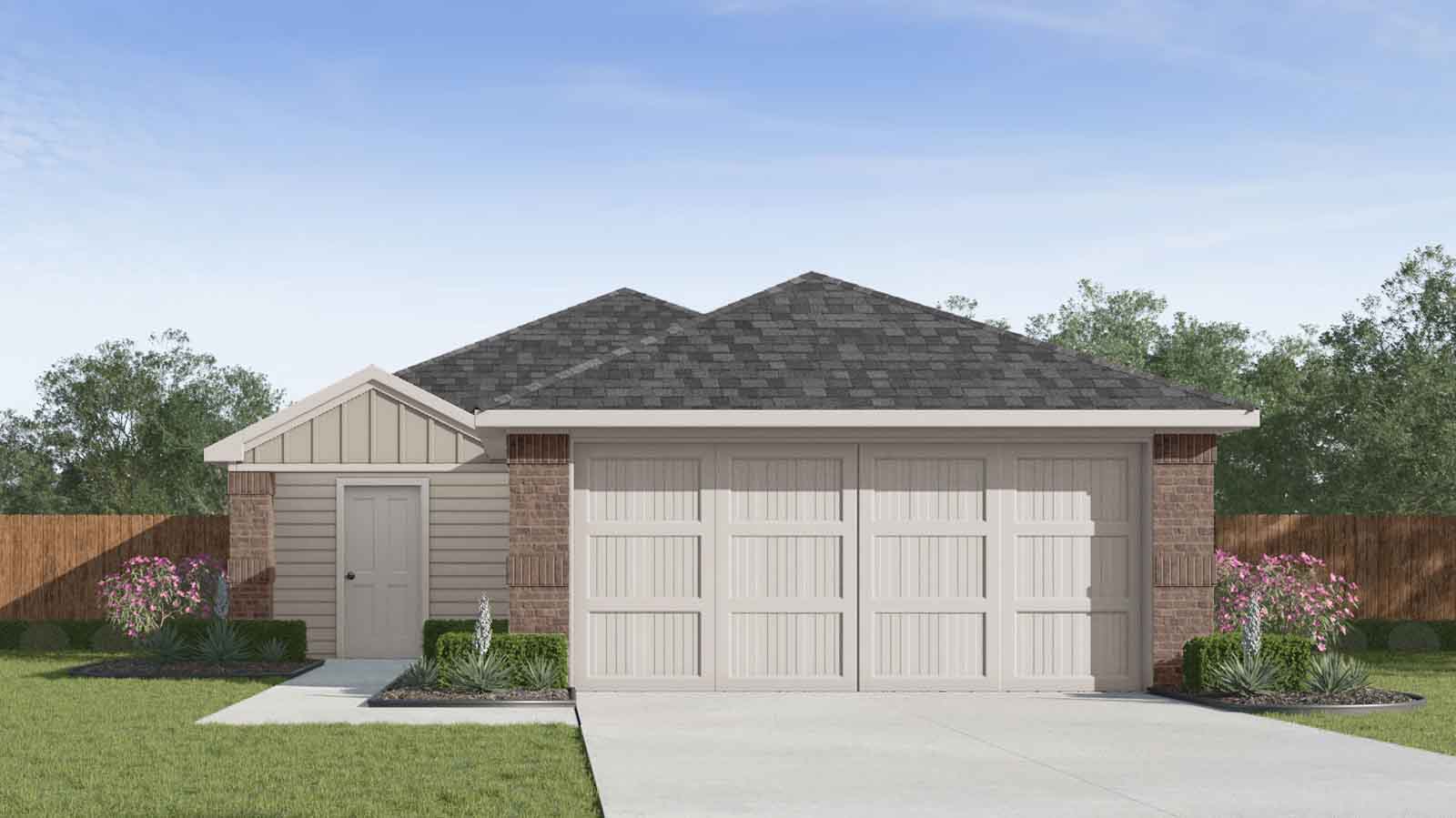 Single story home rendering with a two car garage