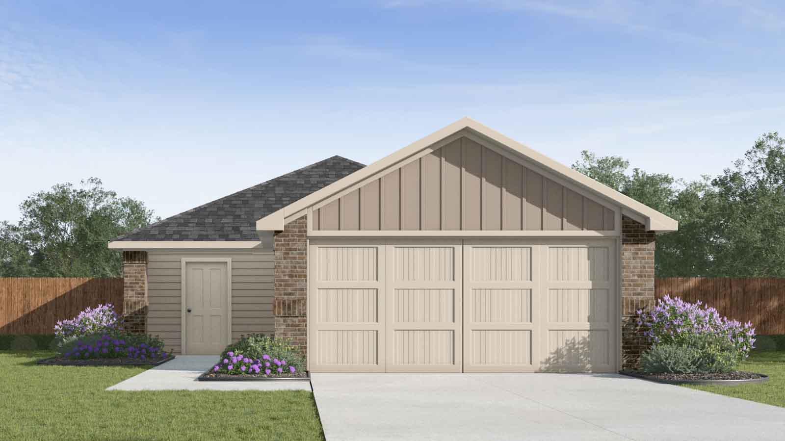 Single story home rendering with a two car garage