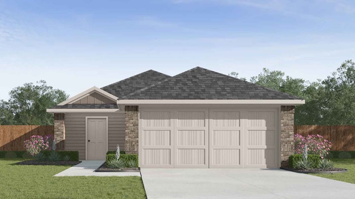Single story brick home with a two car garage