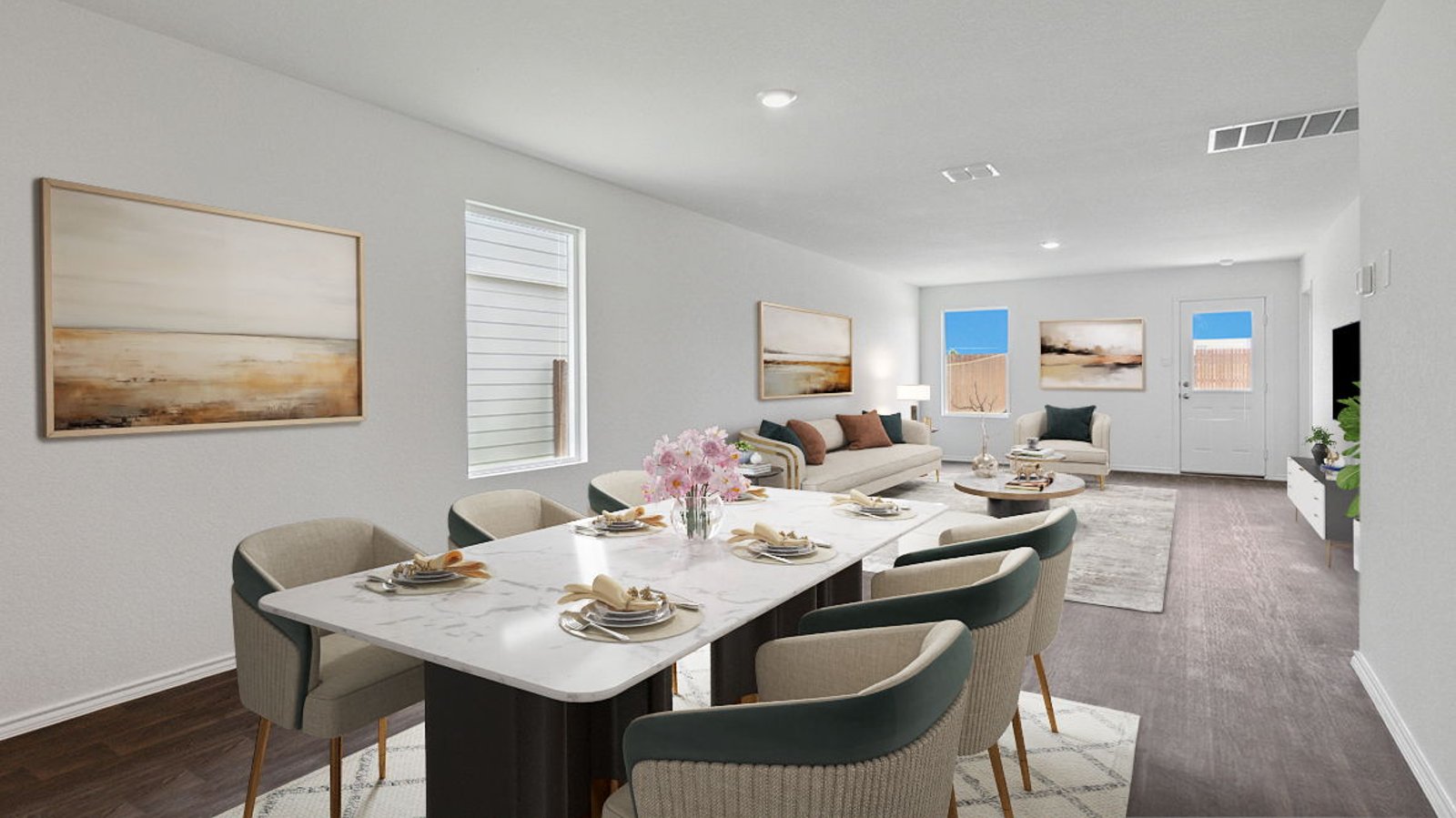 open concept living and dining room