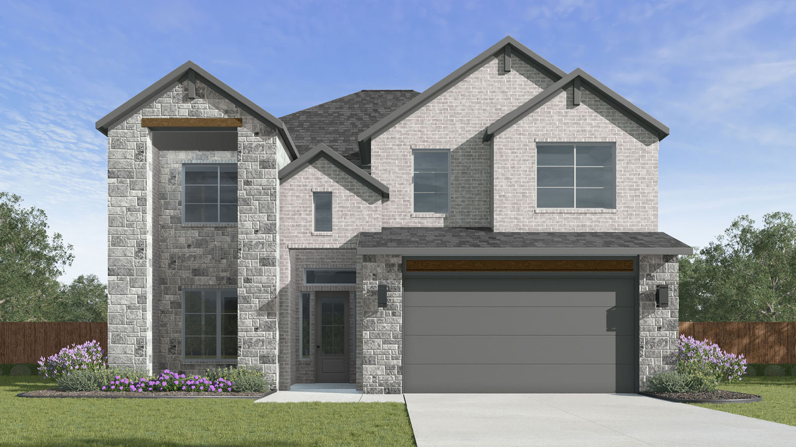 A two-story home with a three car garage and a front porch area