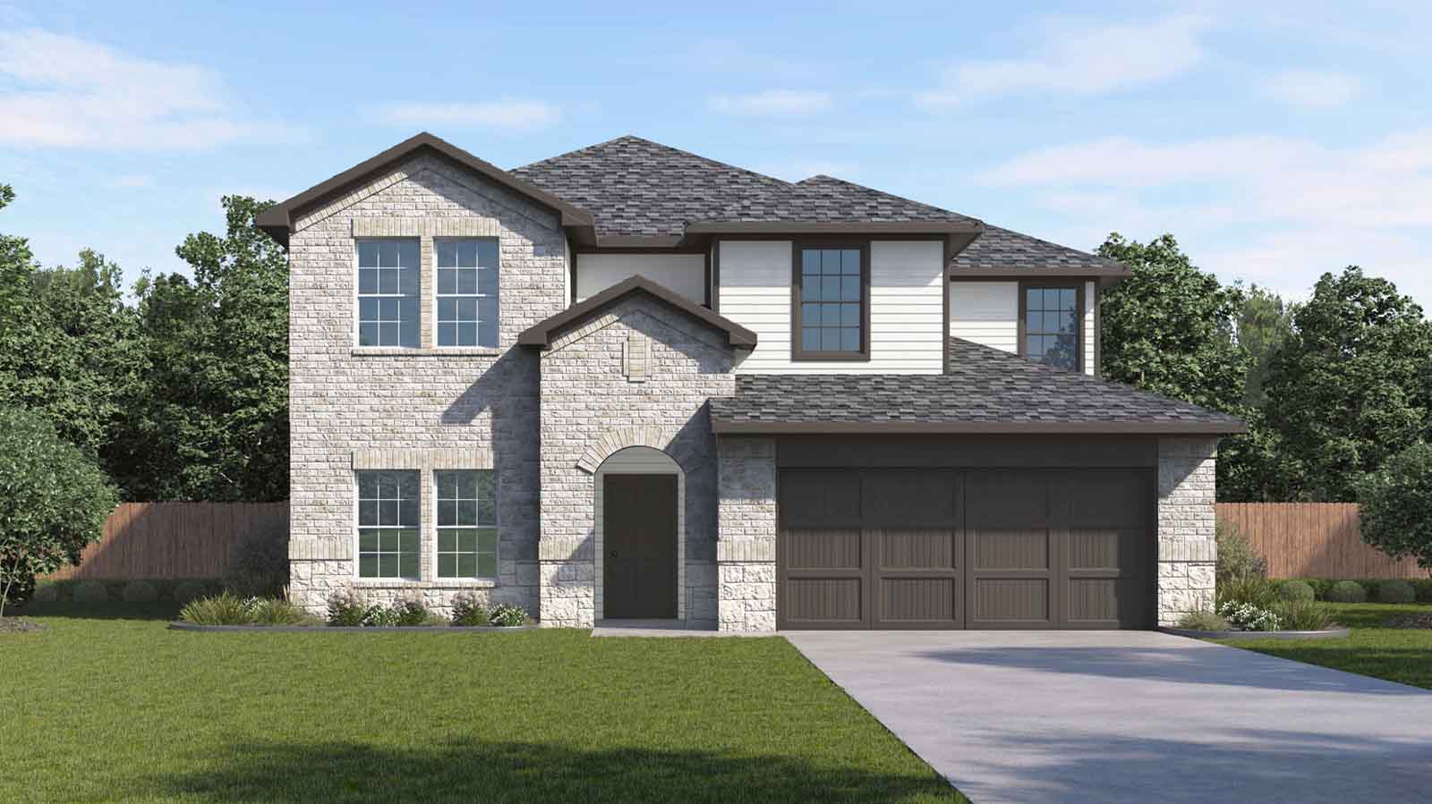 two story brick home with a two car garage rendering