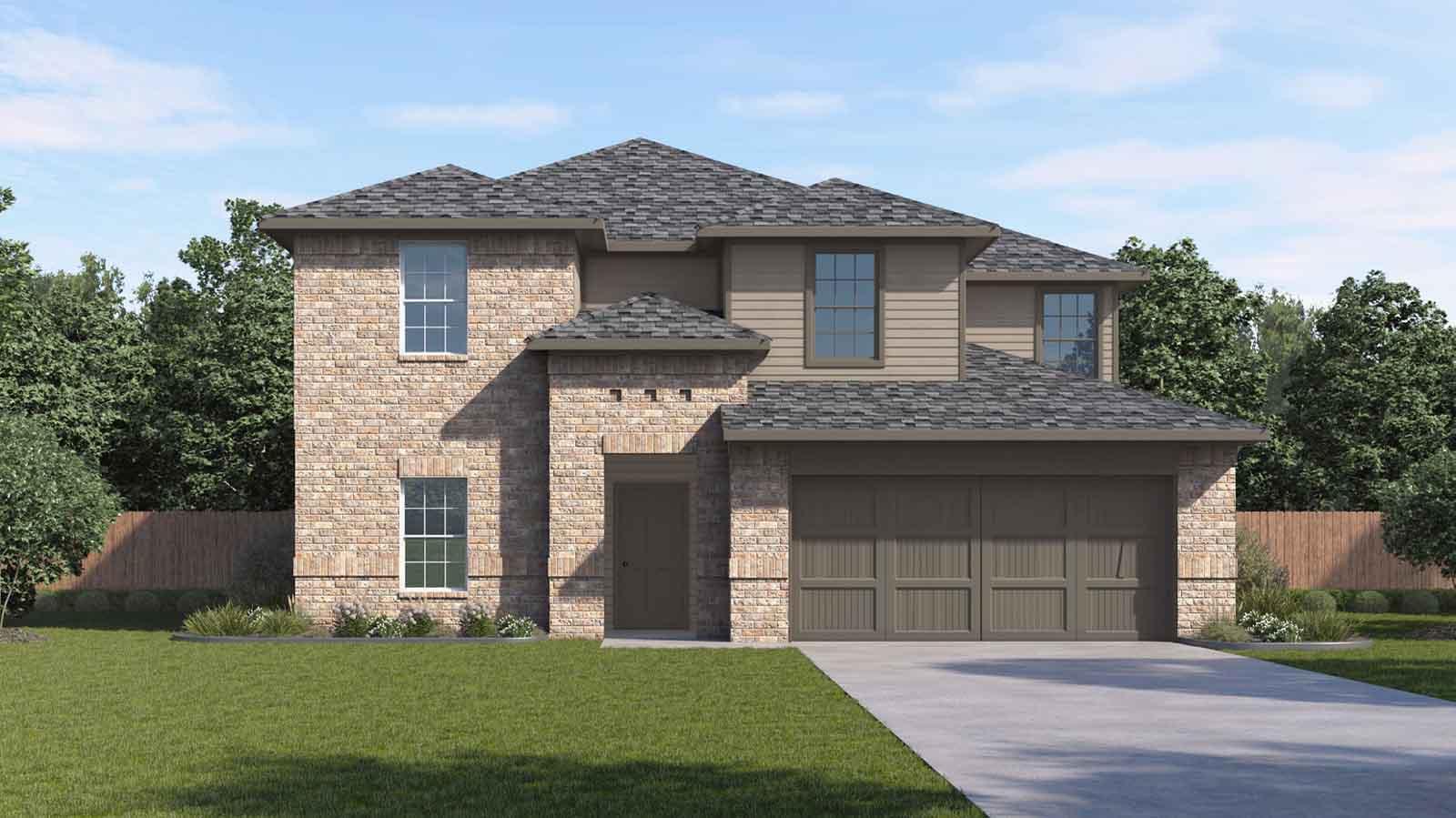 two story brick home with a two car garage rendering