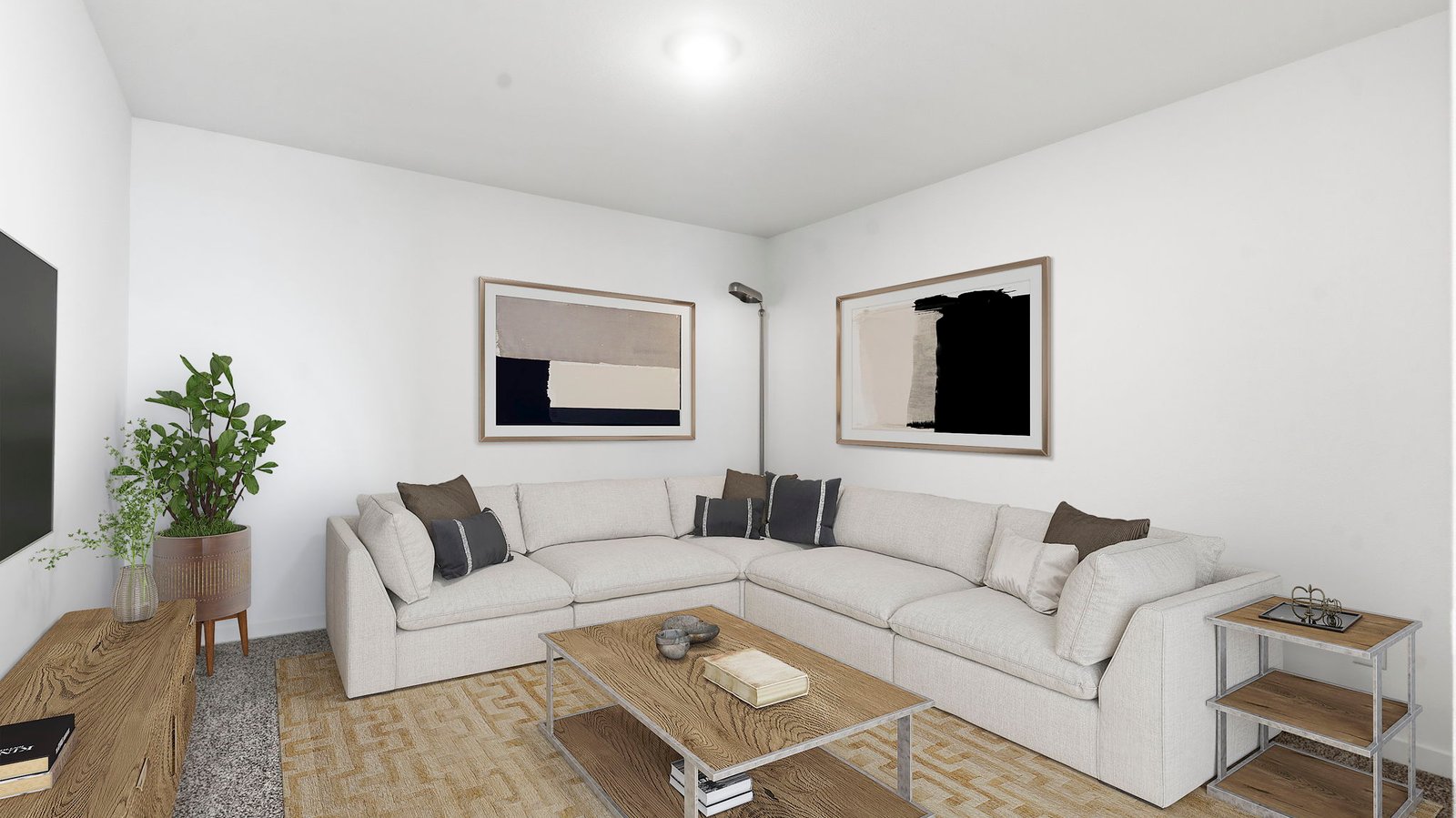 open concept living room with tall ceilings and large windows
