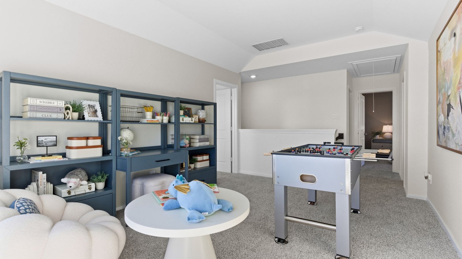 upstairs game room with large window