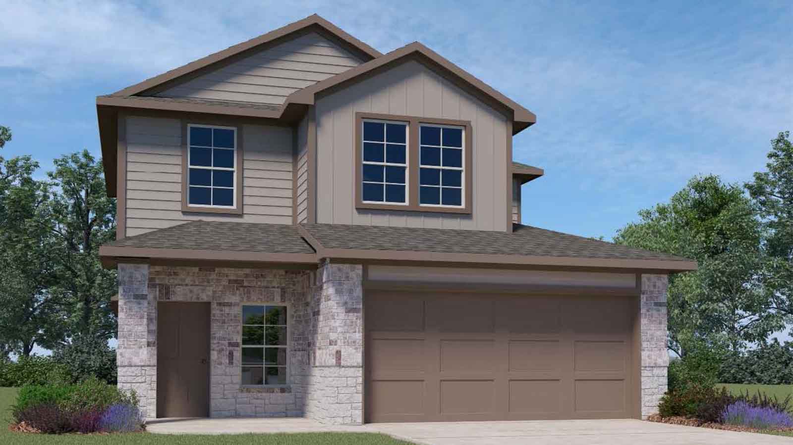 Two story brick home rendering with a two car garage