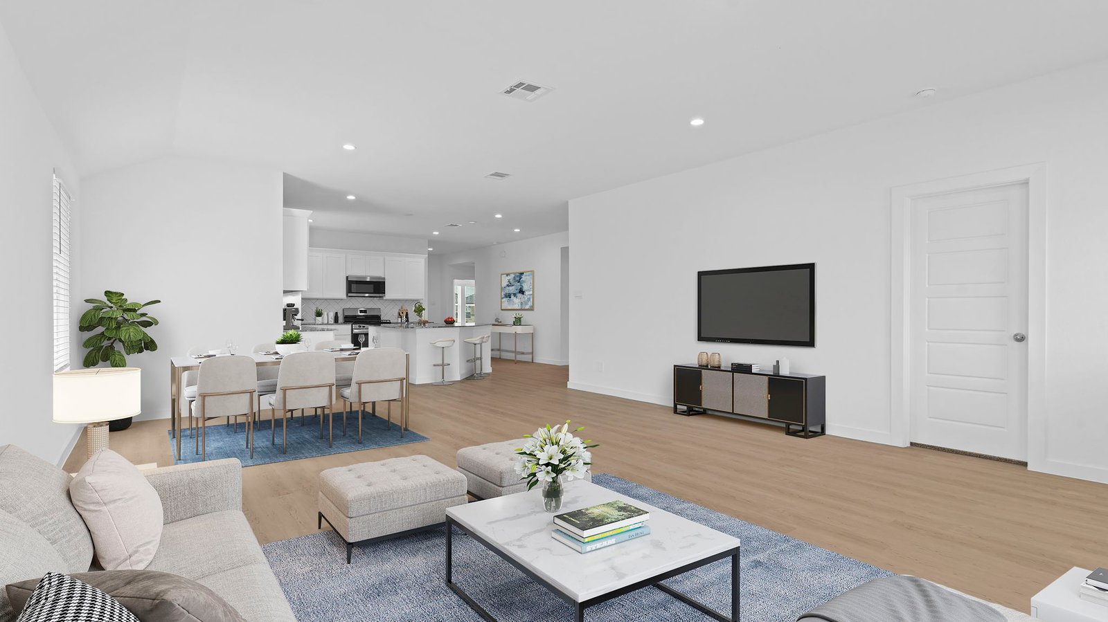 open concept living and dining room