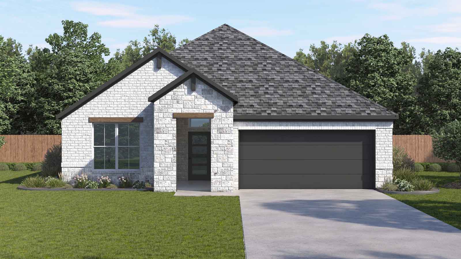 single story brick home with a two car garage rendering