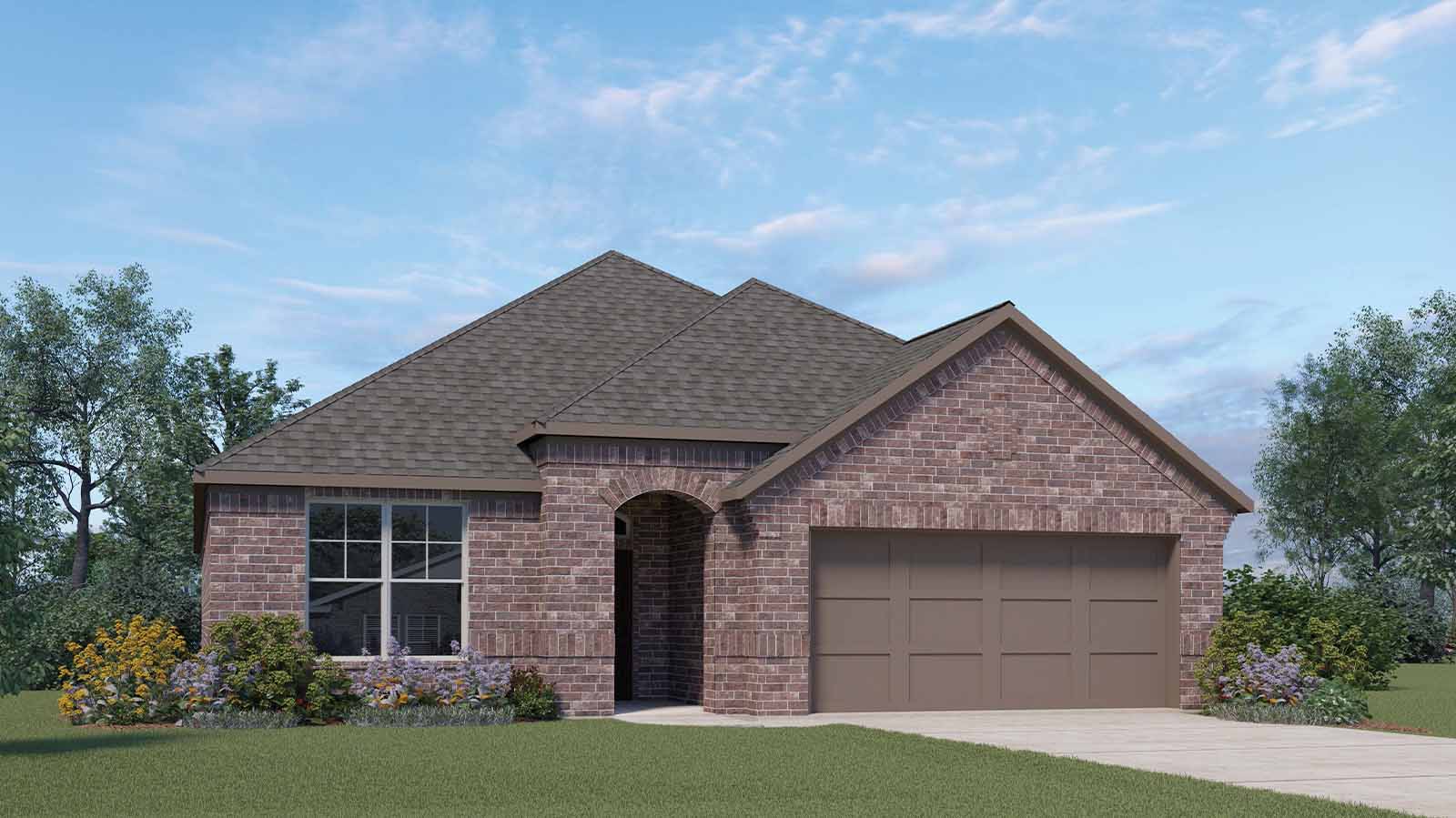Single story brick home with a two car garage rendering