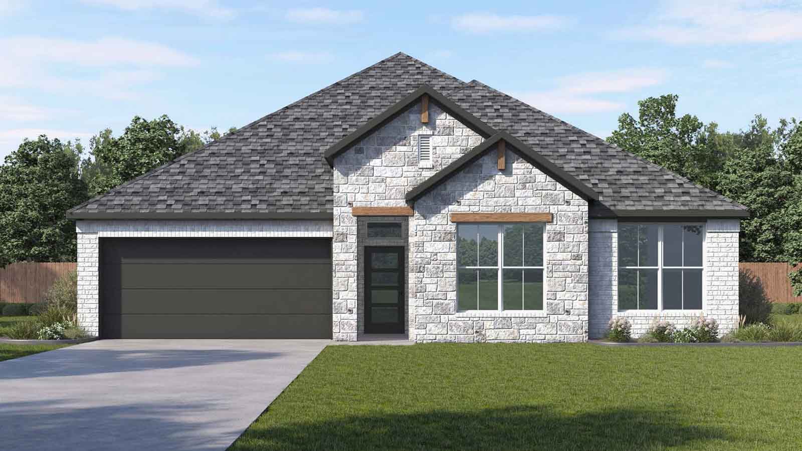 Single story brick home with a two car garage rendering