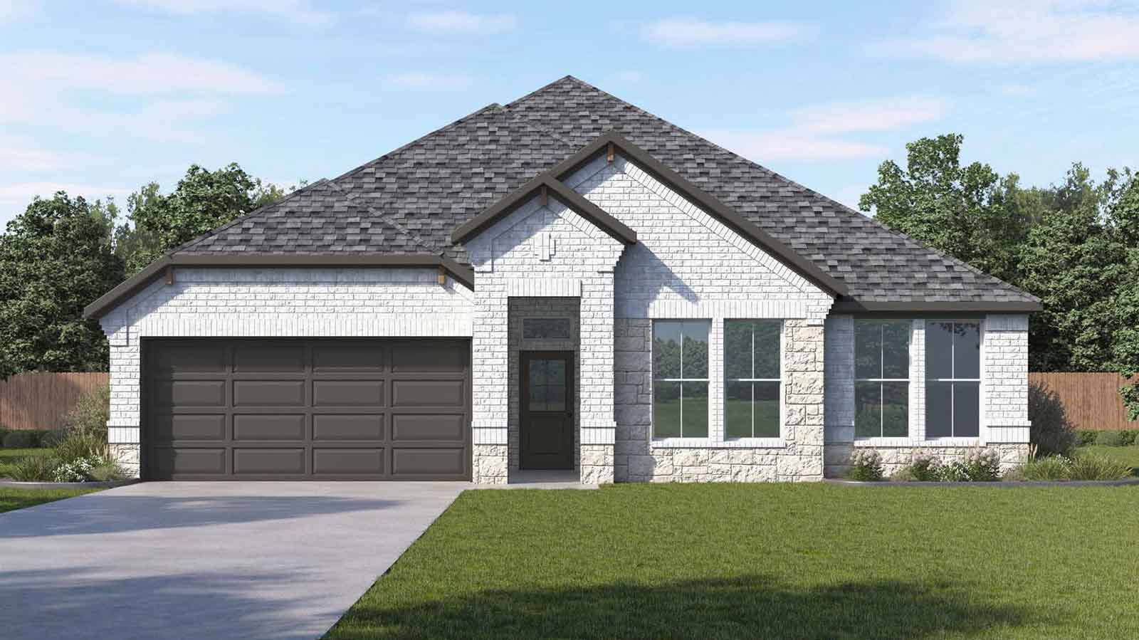 Single story brick home with a two car garage rendering