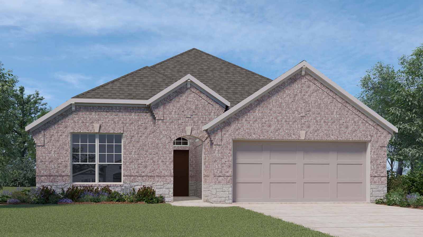 Single story brick home with a two car garage rendering