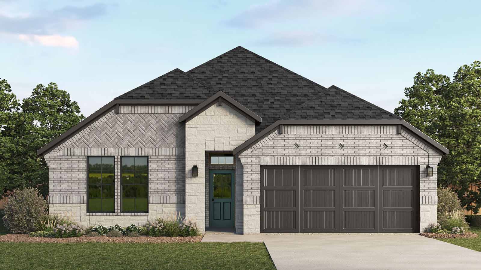 Single story brick home with a two car garage rendering