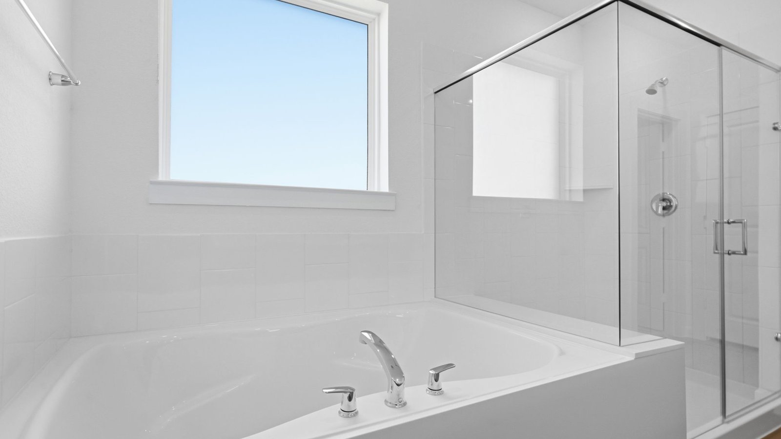 Primary bathroom with a glass-enclosed standing shower and separate soaking tub.