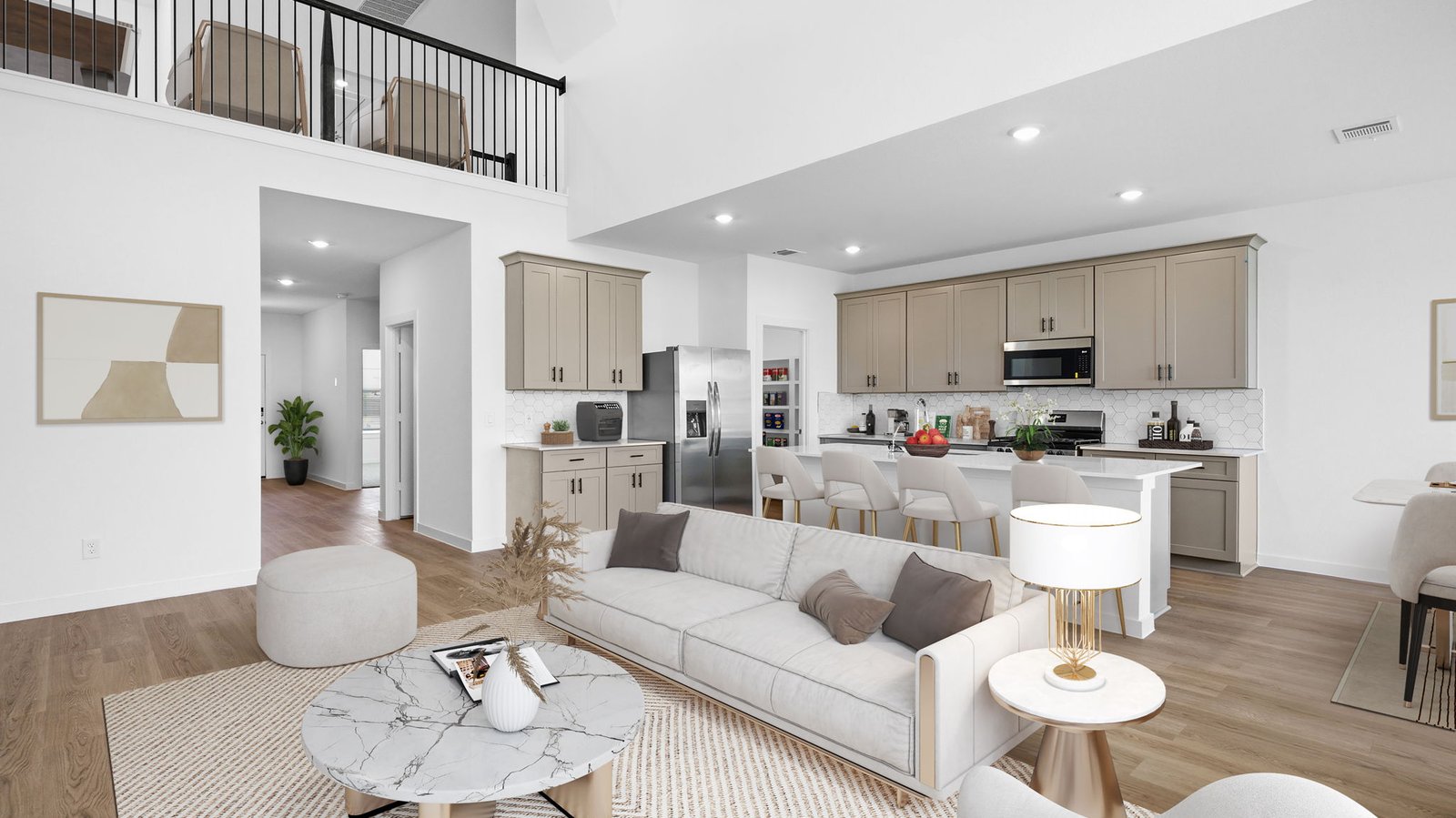 A luxurious living room featuring tall ceilings, large windows for natural lighting wood flooring and a view to the backyard.