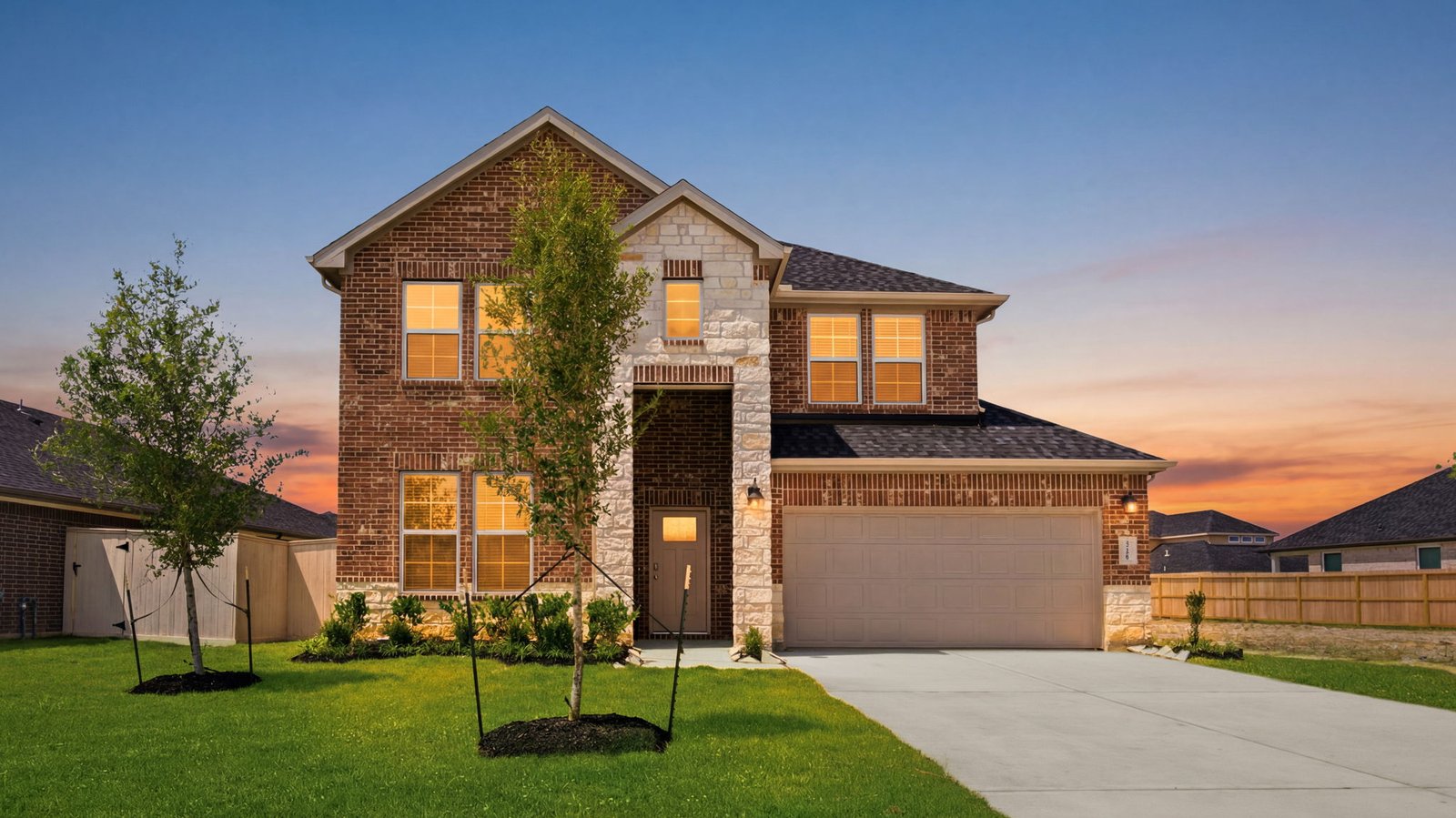 two story brick home with a two car garage