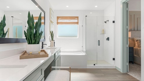 Primary bathroom with white tile walk-in shower and garden tub, bright light fixtures, and connecting walk-in closet.