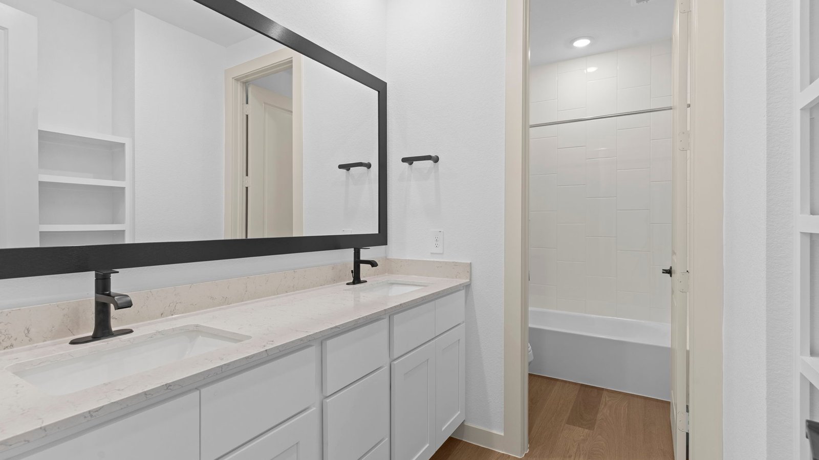 secondary bathroom vanity with two sinks
