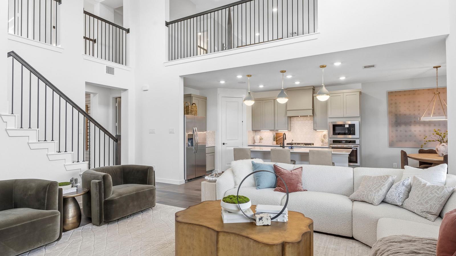 living room with tall ceilings