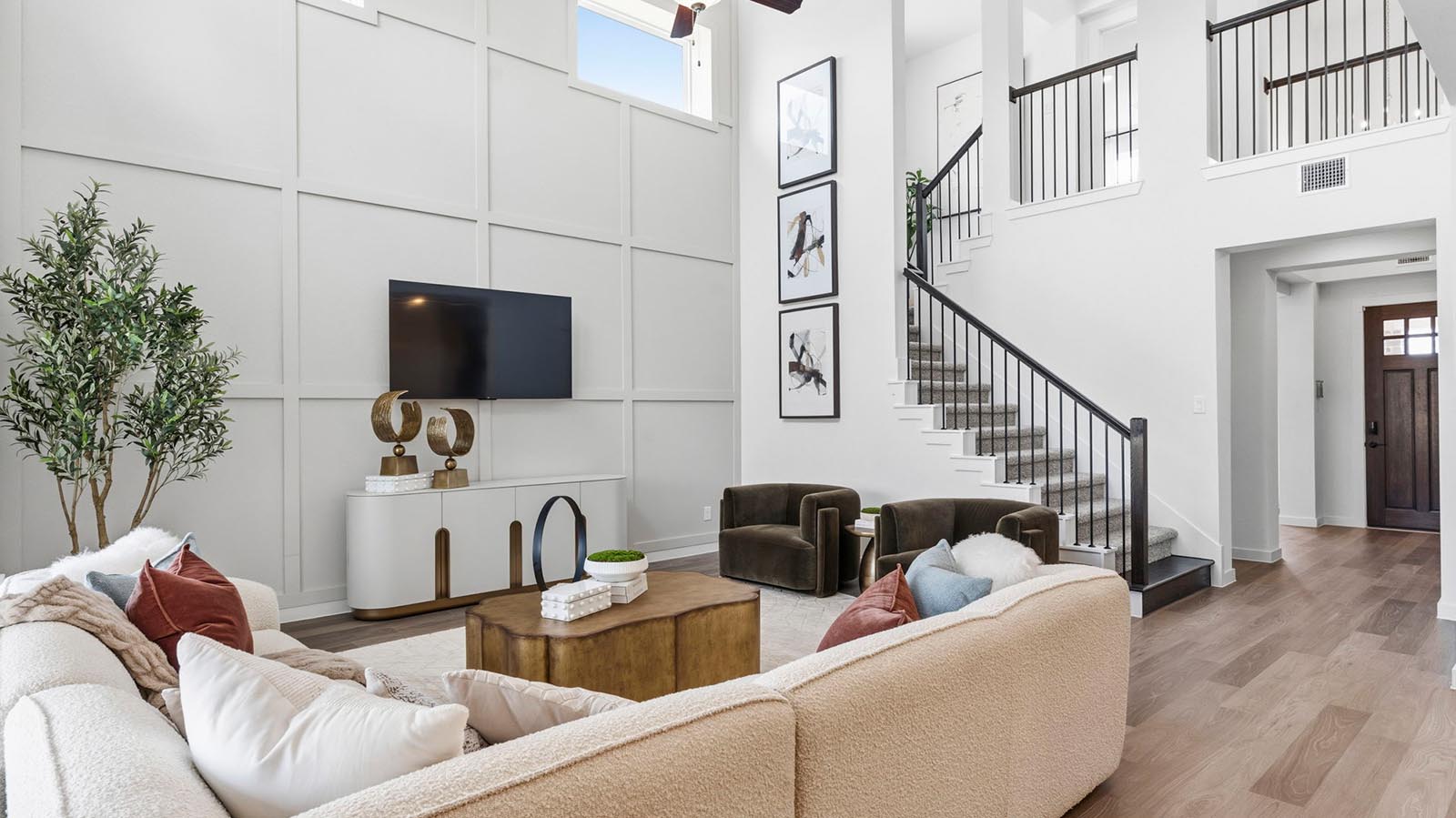 living room with tall ceilings