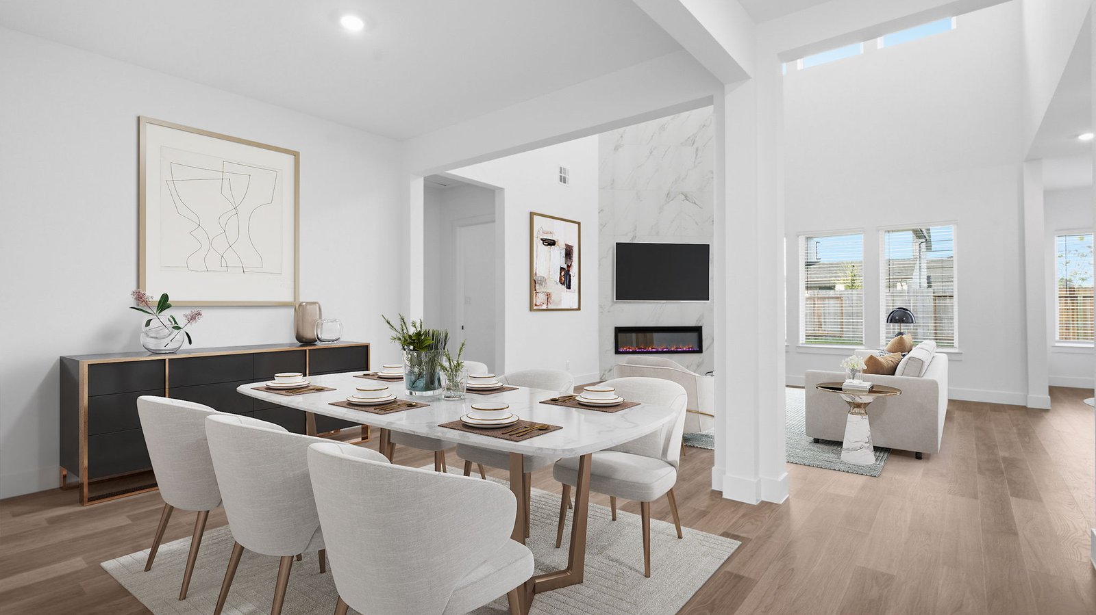 Spacious dining area with vinyl wood flooring, large window and a tall ceiling.