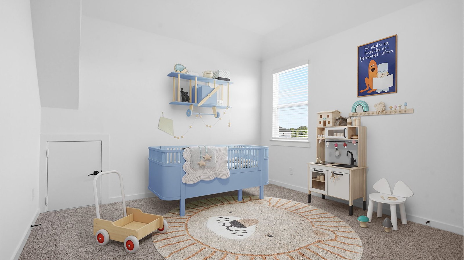 A vibrant bedroom showcasing a neatly made bed, a stylish dresser, and a playful painting that adds charm.