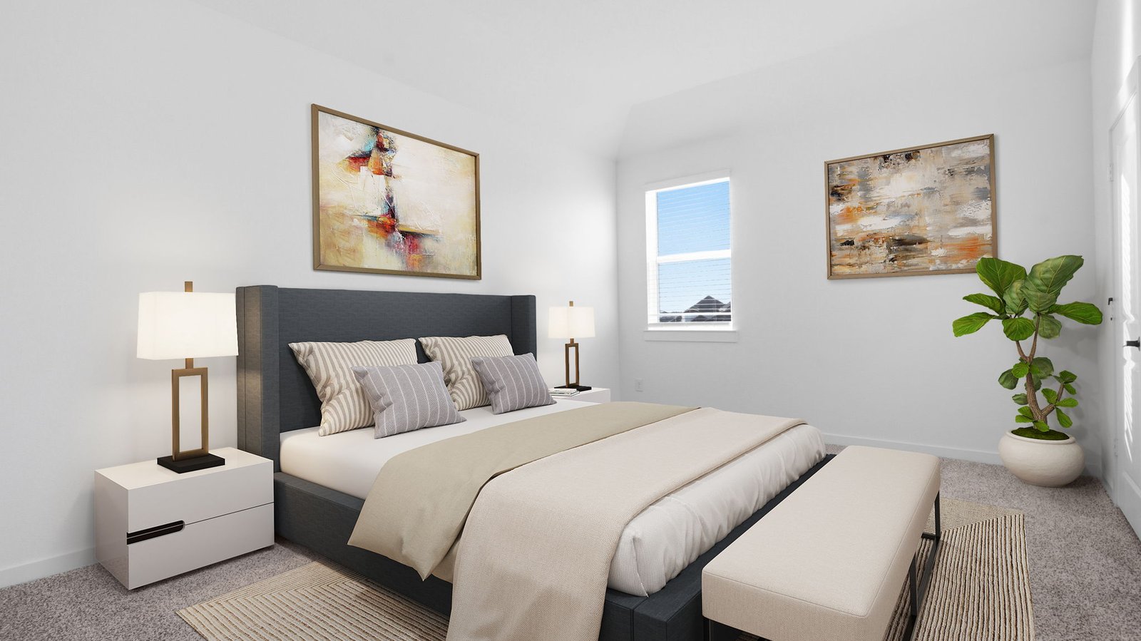 Comfortable guest bedroom featuring neutral-toned walls, carpeted flooring, and a separate closet.
