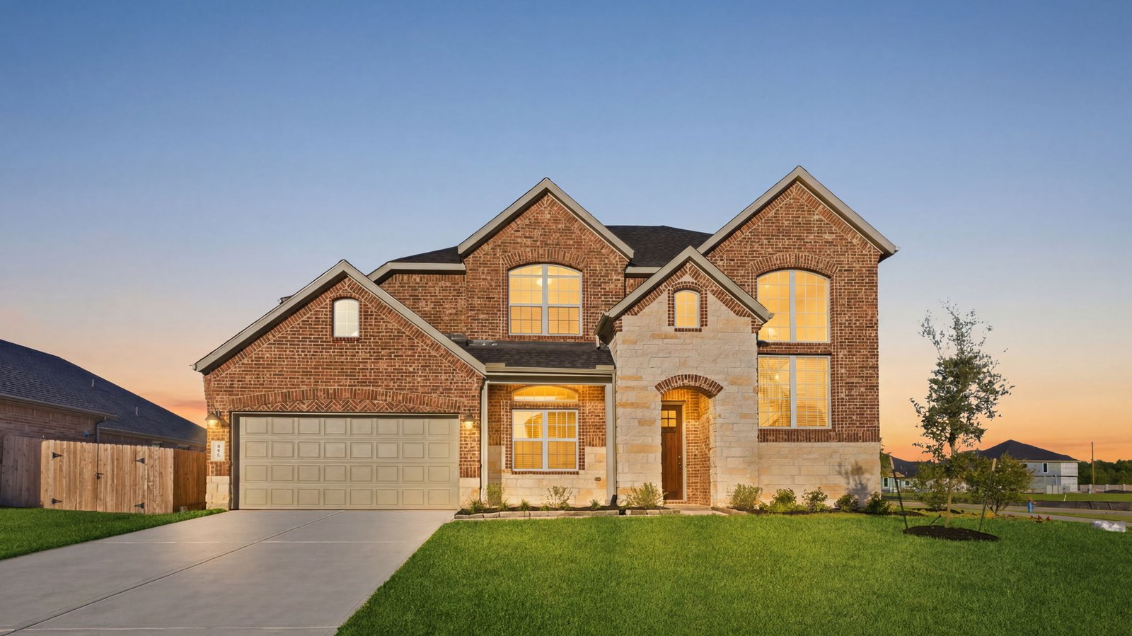 Newly built two story home with modern architecture, a double garage, and landscaped front yard.
