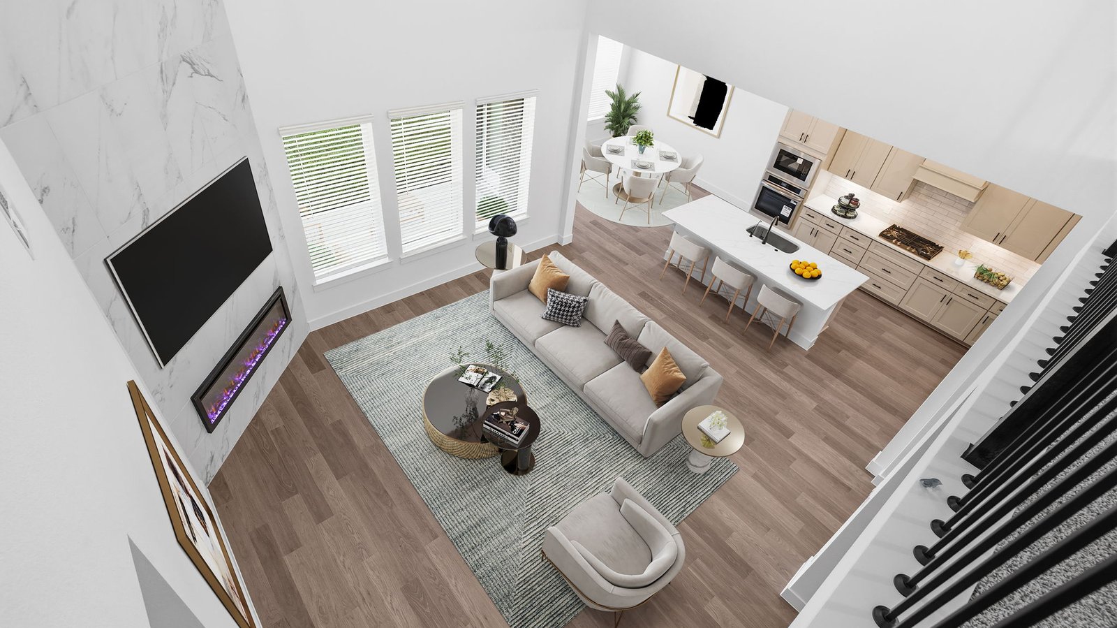 view from second floor to the first floor living room