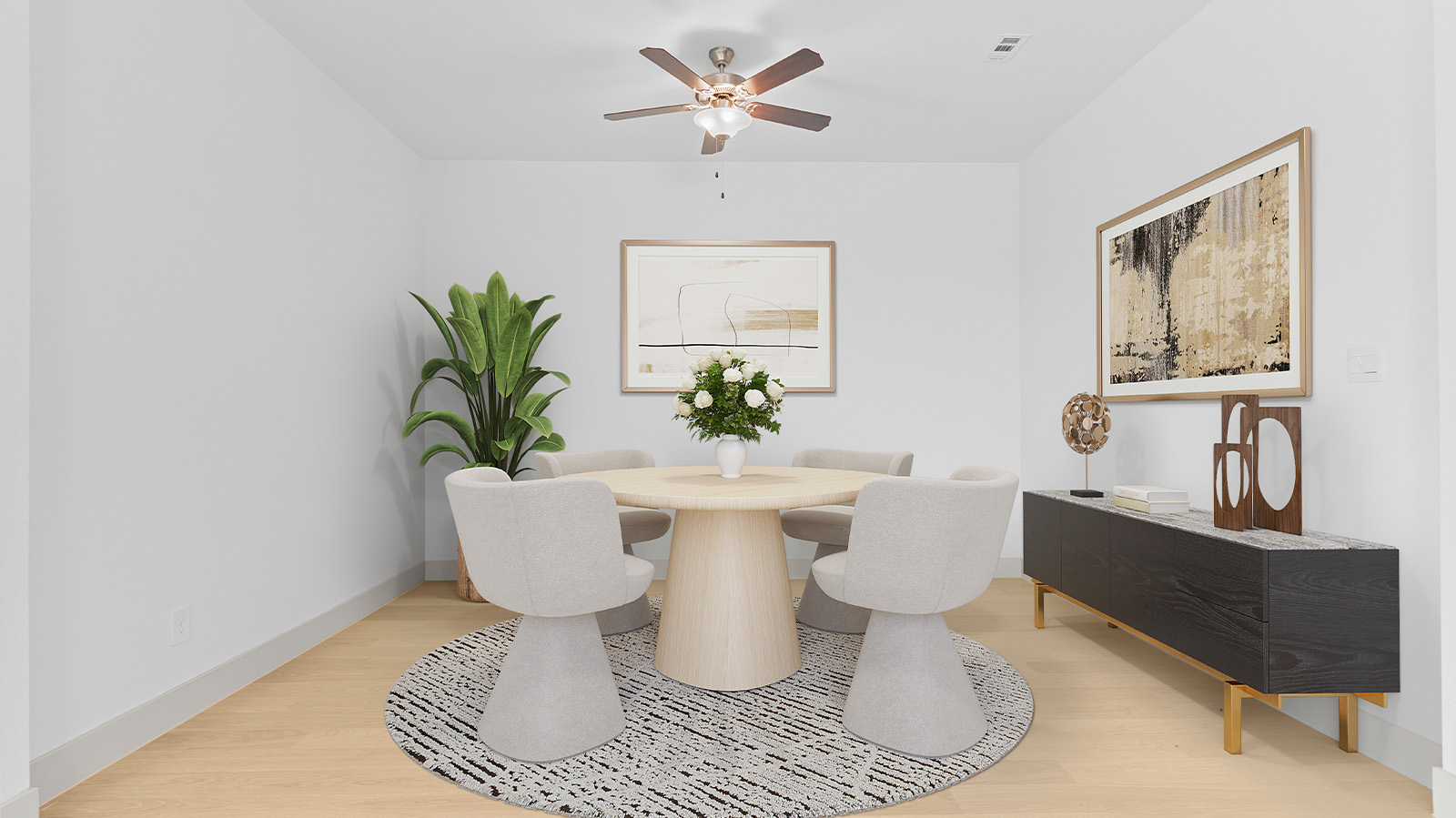 Spacious open concept dining area with vinyl wood flooring and access to the living and kitchen areas