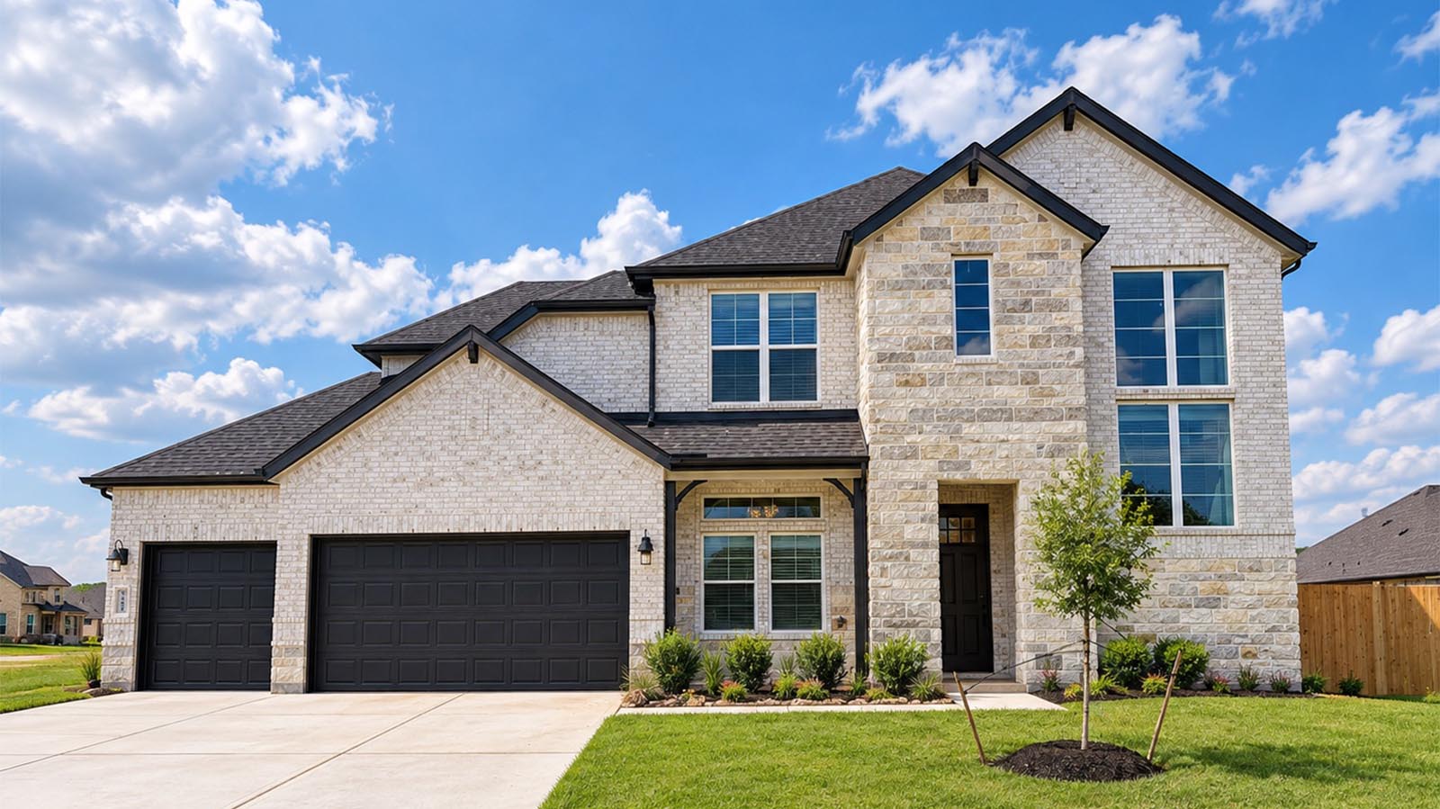 Newly built two story home with modern architecture, a 3 car garage, and landscaped front yard.