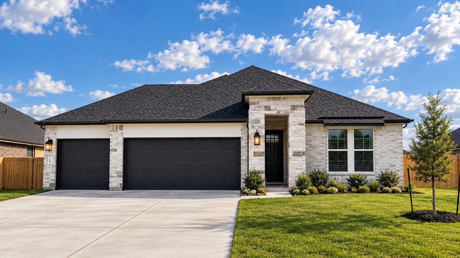 one story colby plan with a three car garage in pearland