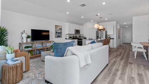 Living room with view of the kitchen