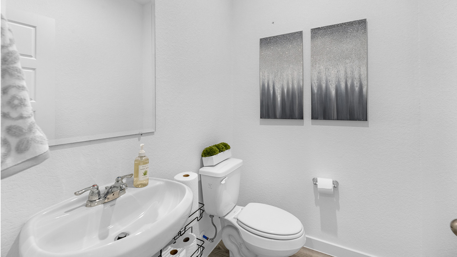 A decorated half bathroom downstairs for guests