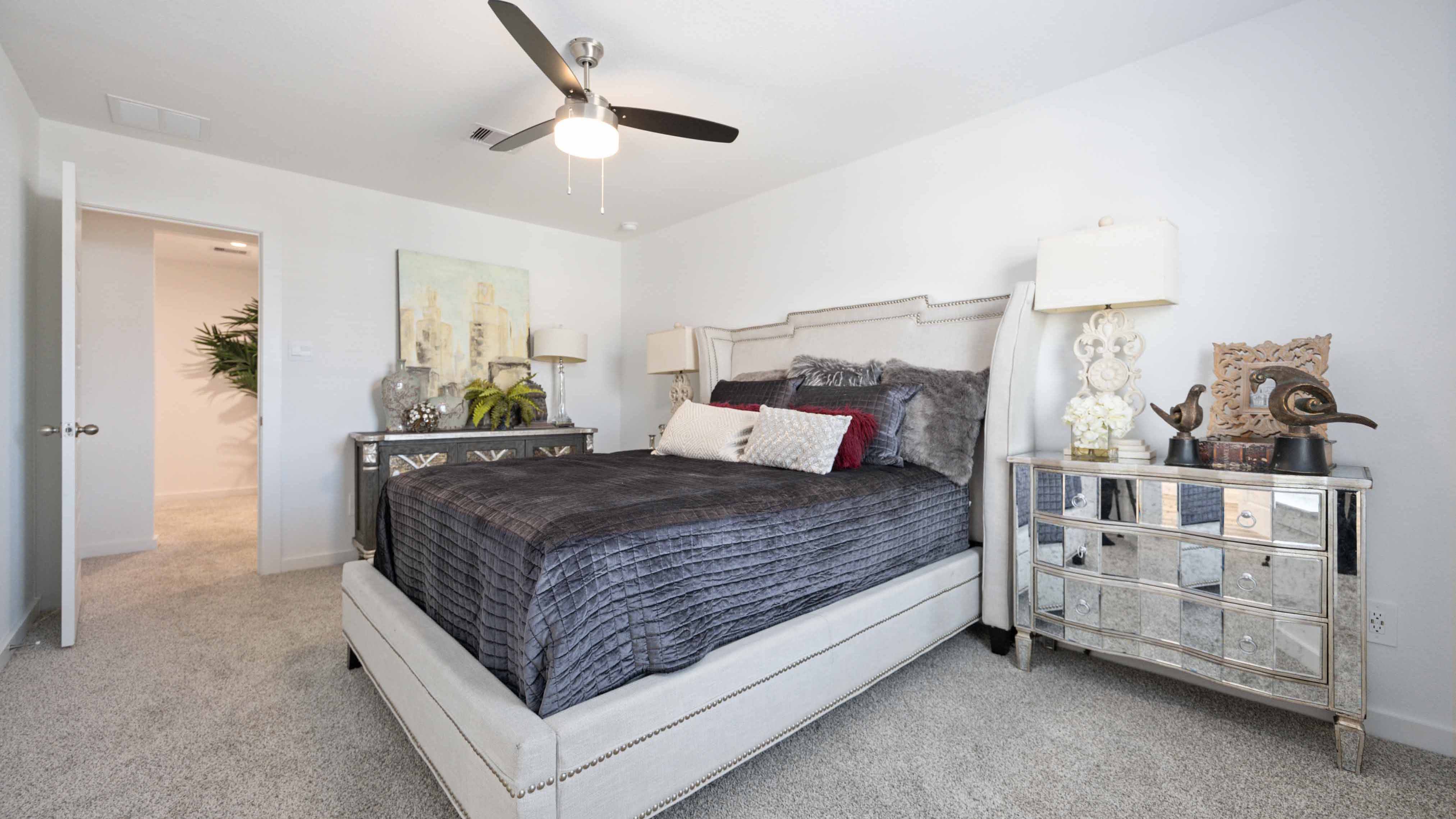 Primary bedroom with ceiling fan, plush carpeting, and a large walk-in closet.