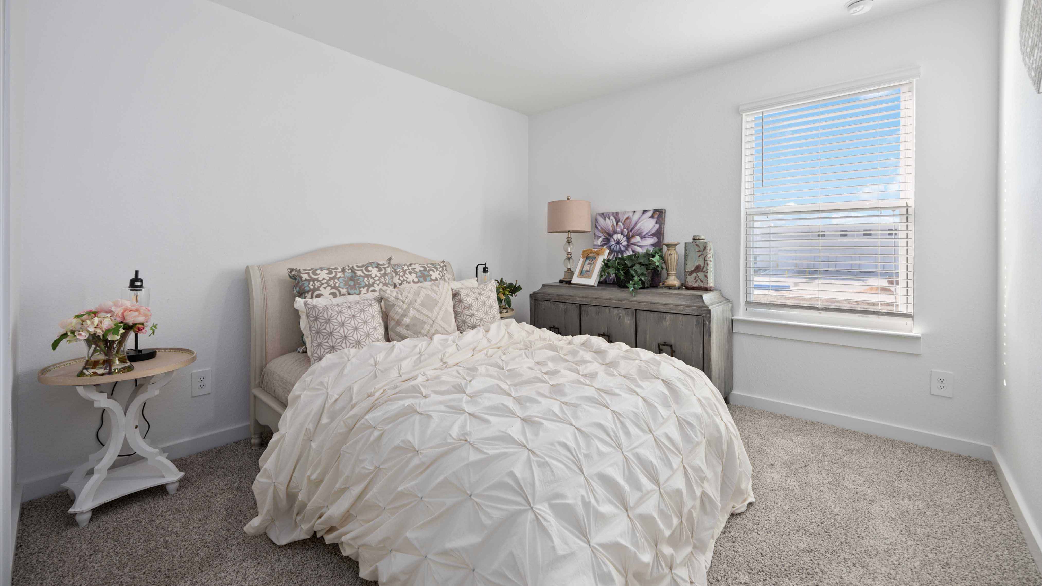 Comfortable guest bedroom featuring neutral-toned walls, carpeted flooring, and a separate closet.