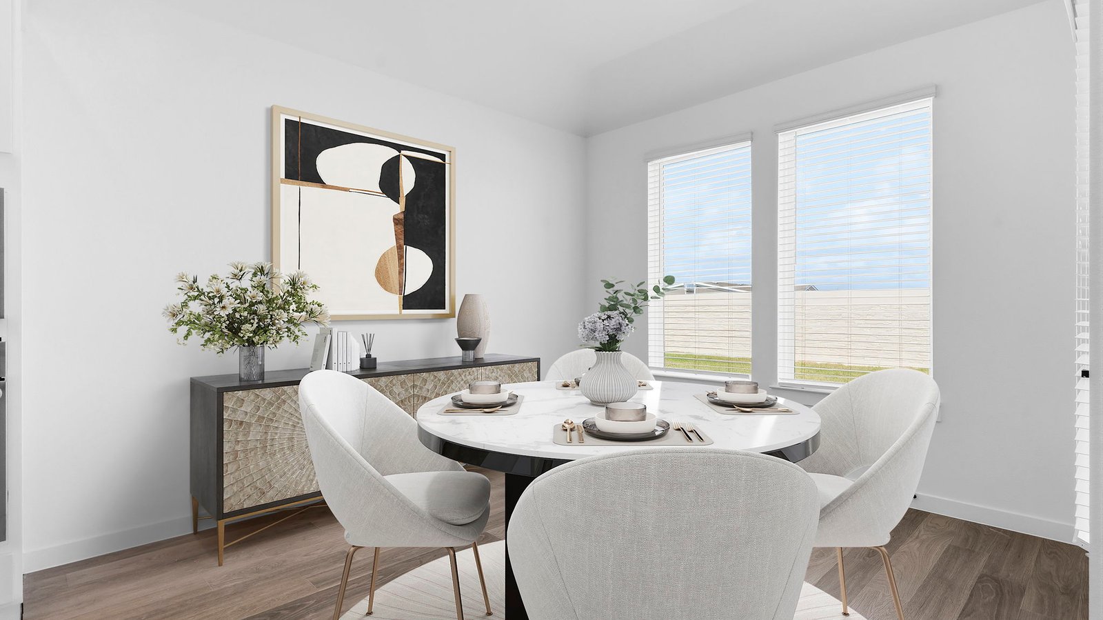 Formal dining area with large windows, vinyl wood floors, and view of the backyard.