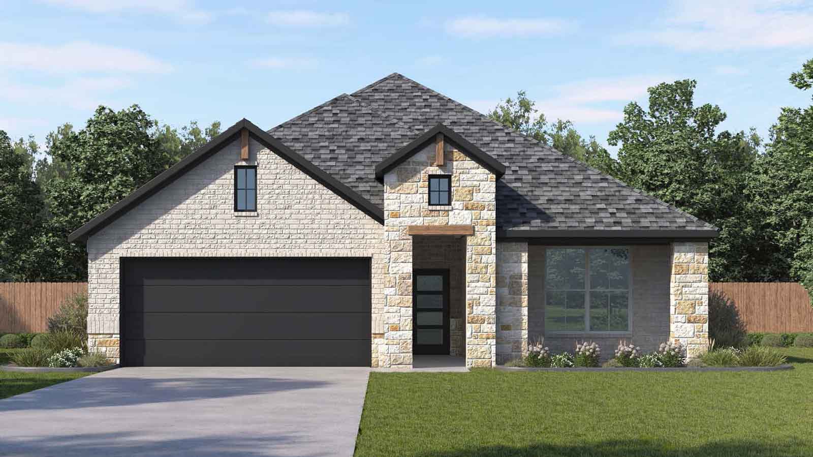 Single story brick home with a two car garage rendering