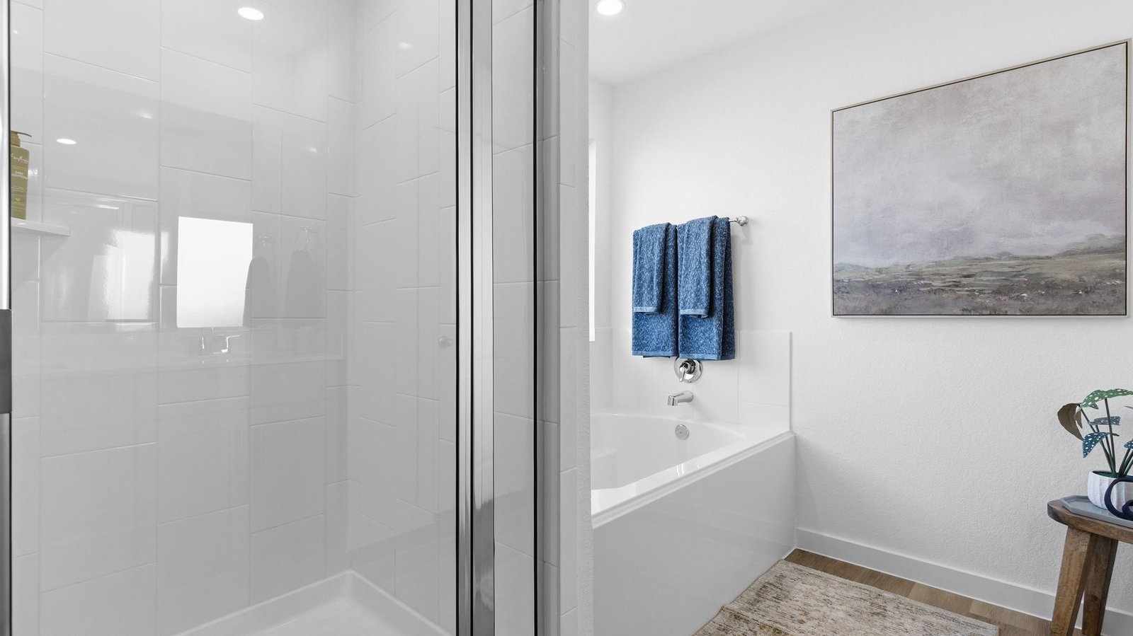 Primary bathroom with a glass-enclosed standing shower and separate soaking tub.