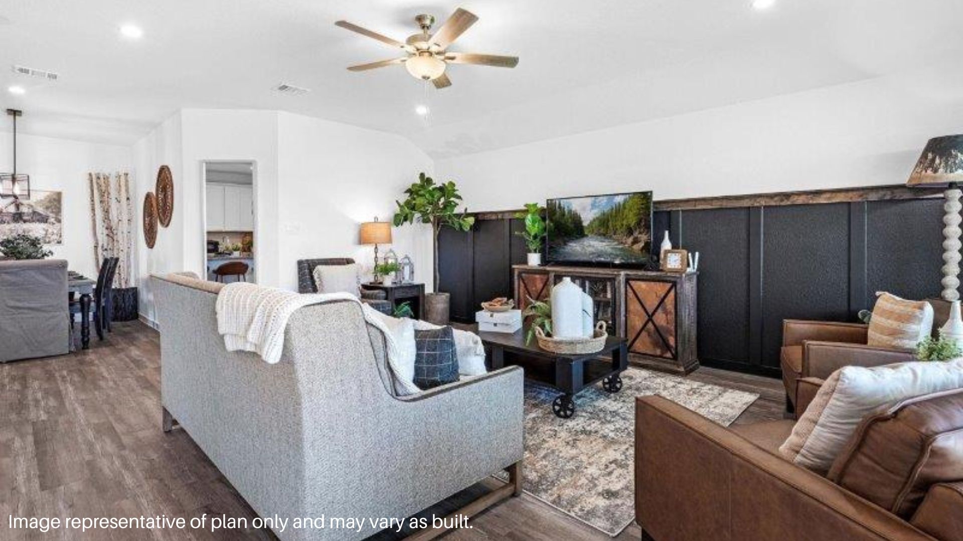 Spacious living room with Accent wall and Ceiling Fan