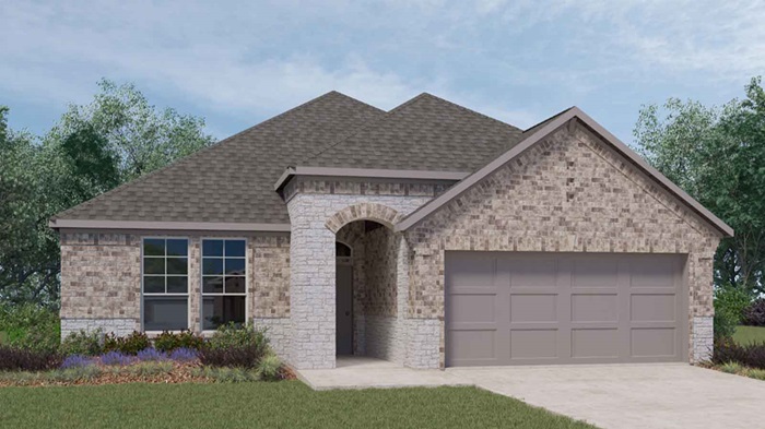 Single story brick home rendering with a two car garage