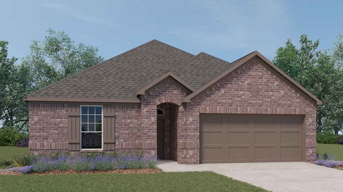 Single story brick home rendering with a two car garage